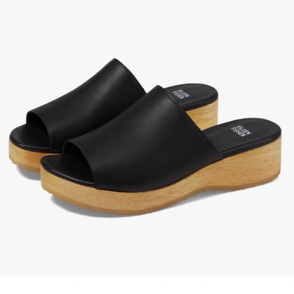 Eileen Fisher Size 11 Novel Black Leather Platform Wooden Clog Slide Sandals - Picture 16 of 16